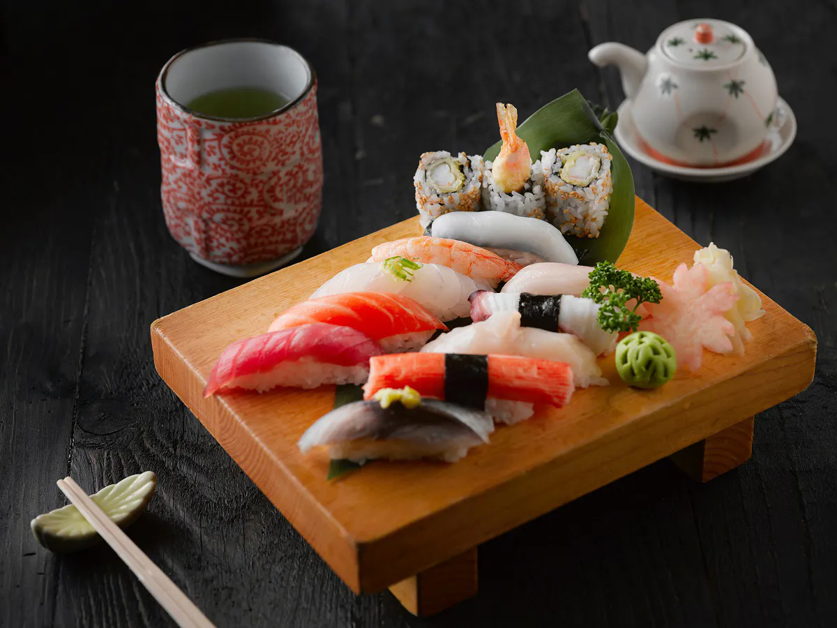 Classic nigiri sushi set with tea at EGAWA, a Japanese Restaurant in Malvern